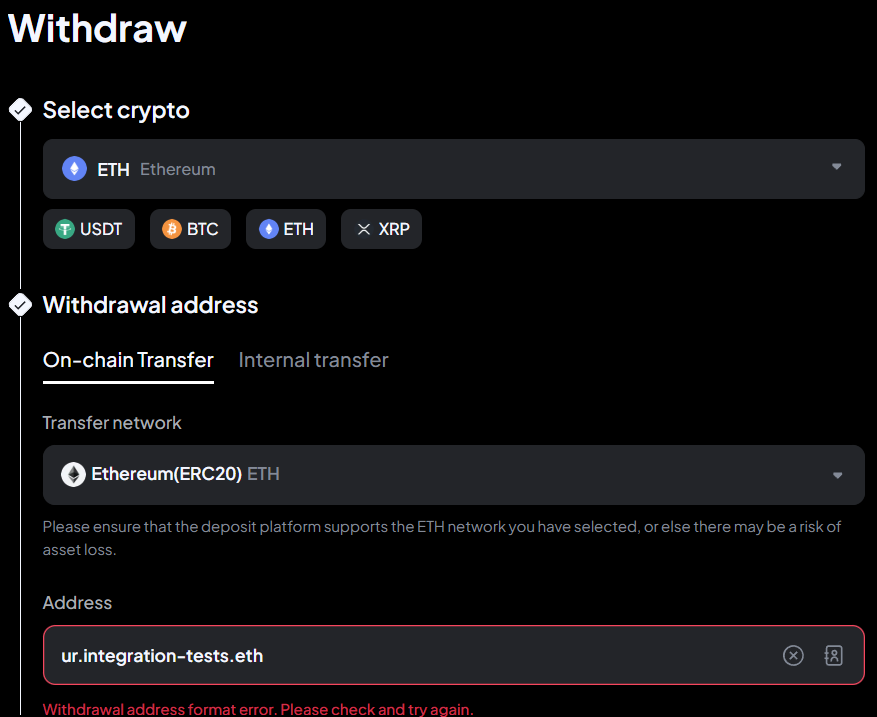 Toobit exchange doesn't allow ENS name as recipient in the withdraw flow
