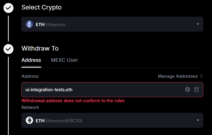MEXC exchange doesn't allow ENS name as recipient in the withdrawal flow